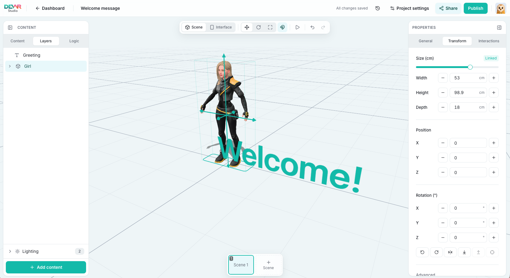 The devar.ai editor: a 3D character and the word Welcome on the scene, layers on the left, size and position on the right.
